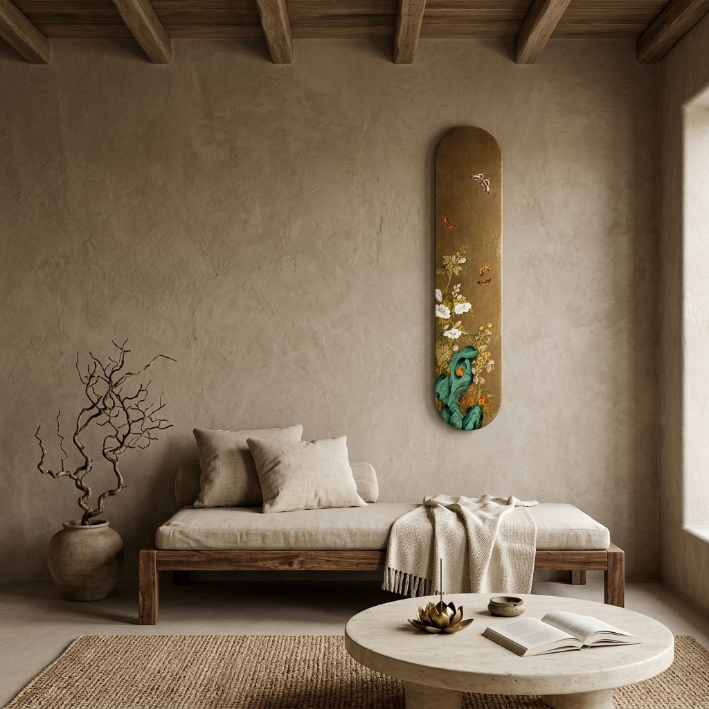 Living room with wooden bench, round stone table, and decorative skateboard on wall.
