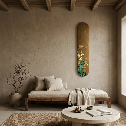 Living room with wooden bench, round stone table, and decorative skateboard on wall.