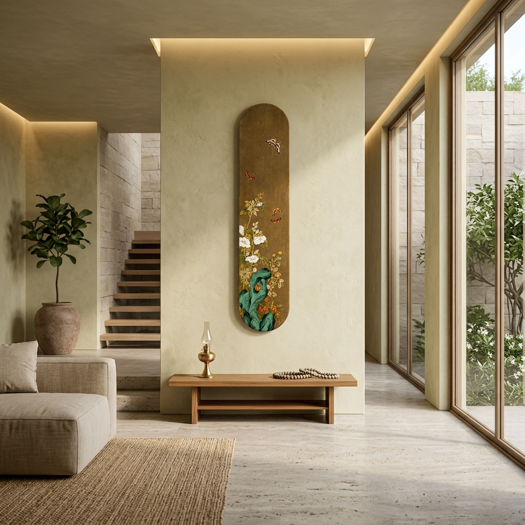 Modern interior with a decorative wall piece, sofa, and large windows.