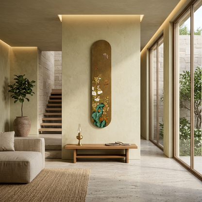 Modern interior with a decorative wall piece, sofa, and large windows.