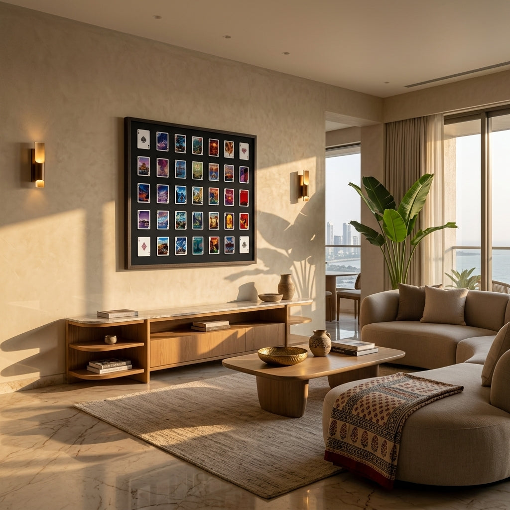 Modern living room with a large wall art piece, sofa, and coffee table.