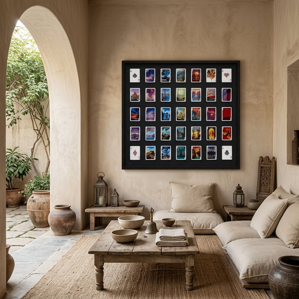 Living room with a framed art piece on the wall, a wooden coffee table, and a beige sofa.