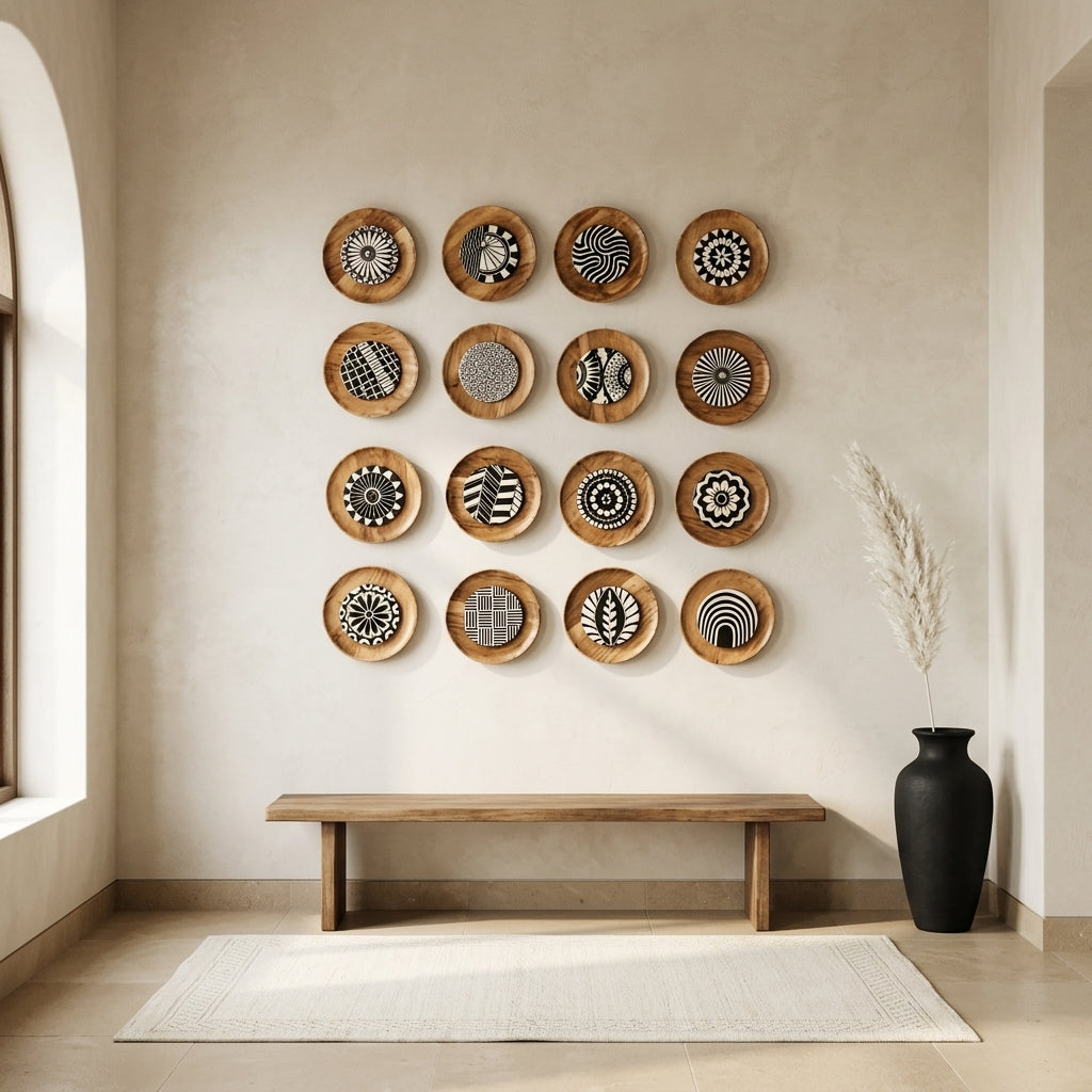 Decorative wall art of wooden plates with patterns on a beige wall, with a wooden bench and black vase in the foreground.