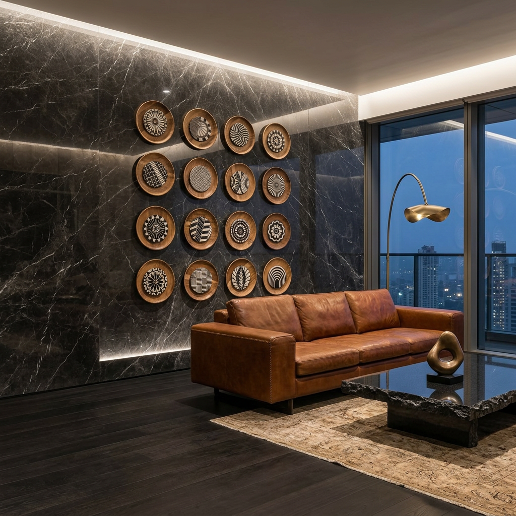 Modern living room with brown leather sofa, decorative wall plates, and cityscape view.