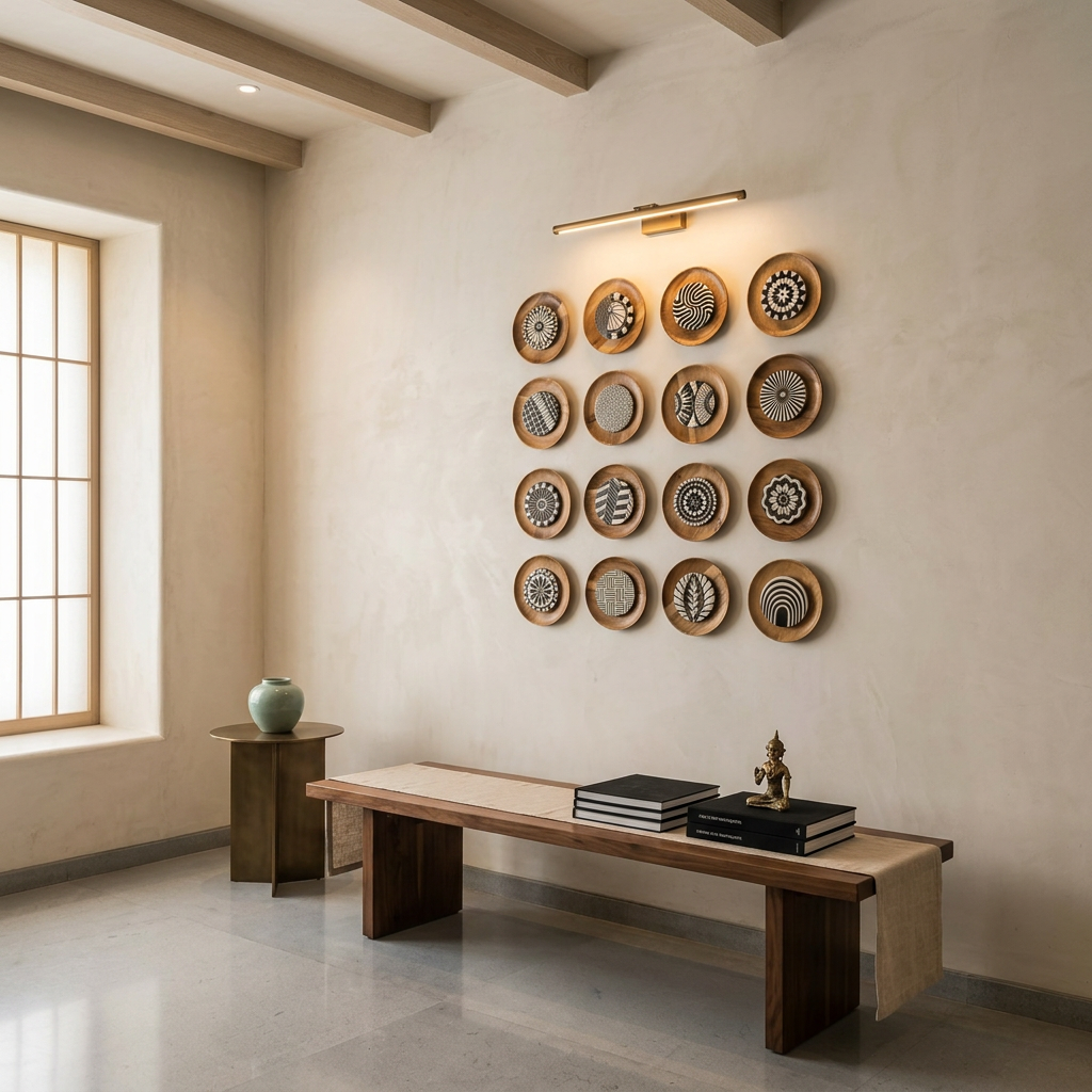 Modern interior with wooden wall art and bench