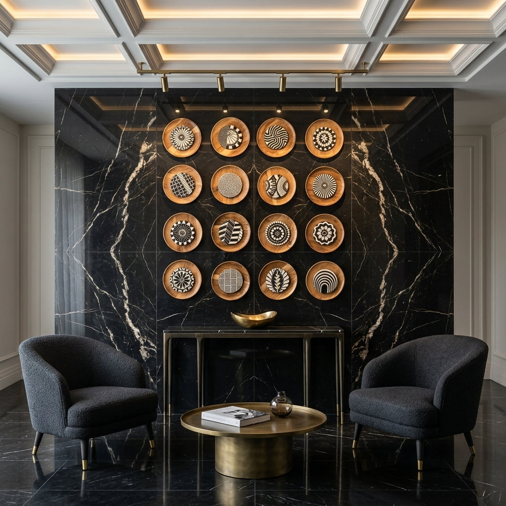 Decorative wall with circular art pieces above a coffee table in a stylish room.