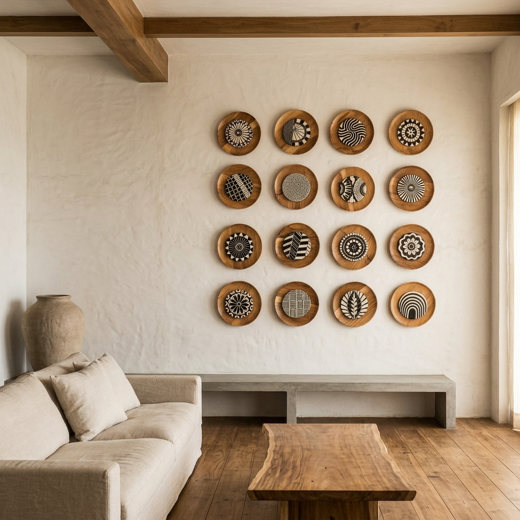 Decorative wall art on a wall in a living room with a sofa and coffee table.