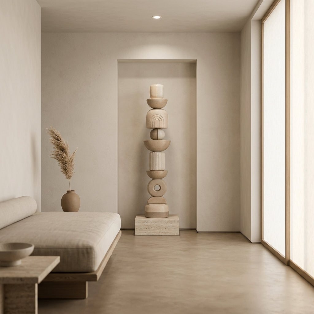 Modern interior with a tall decorative tower and minimal furniture.