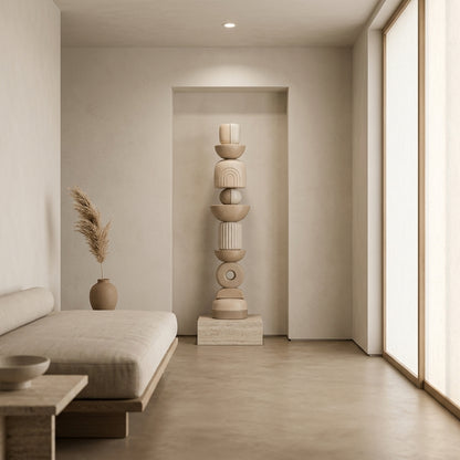 Modern interior with a tall decorative tower and minimal furniture.