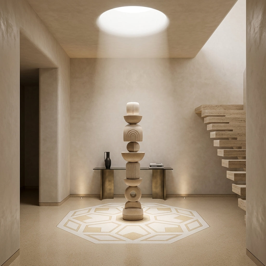 Modern interior with a stone sculpture and geometric floor design.