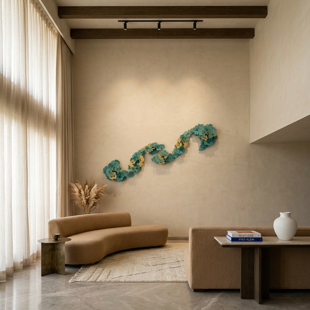 Modern living room with a curved brown sofa, decorative wall piece, and a vase.