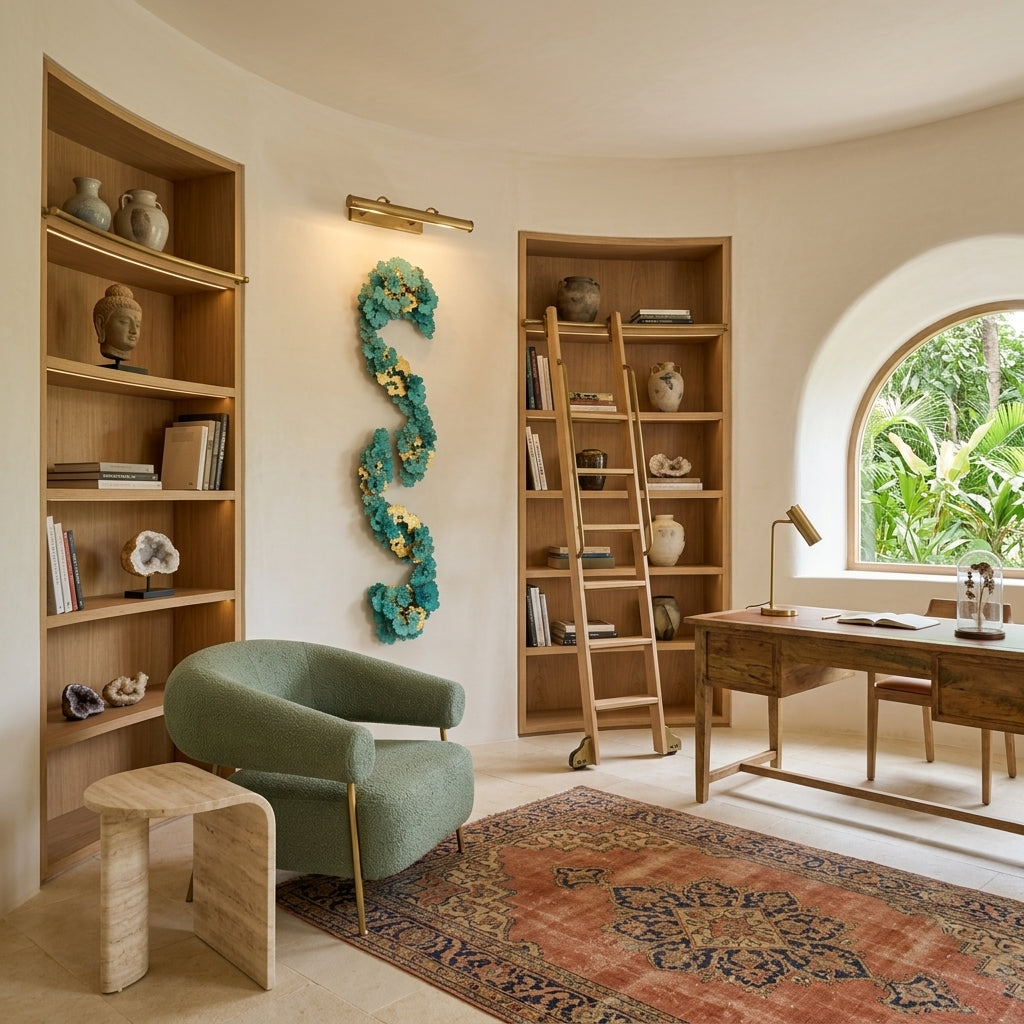 Modern home office with bookshelves, a desk, and decorative elements.