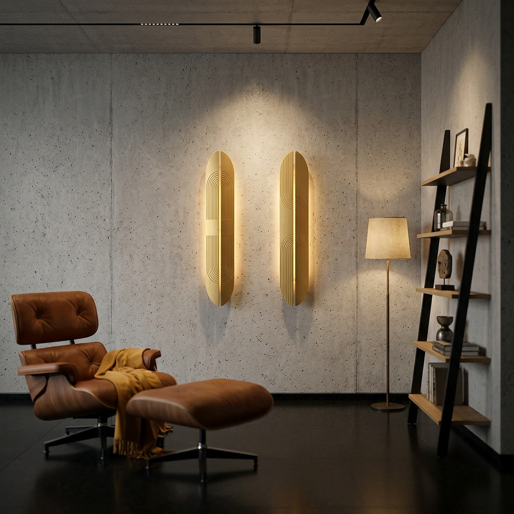 Modern interior with a brown armchair, ottoman, and wall lights.