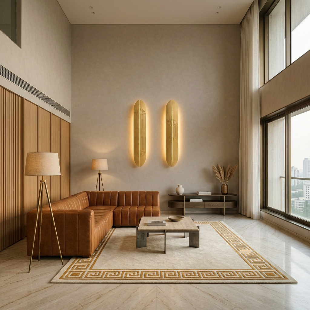 Modern living room with brown sectional sofa, coffee table, and decorative wall lights.