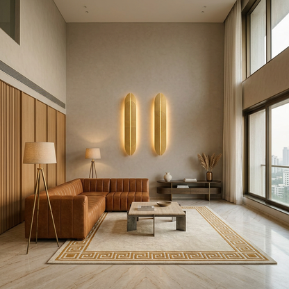 Modern living room with brown sectional sofa, coffee table, and decorative wall lights.