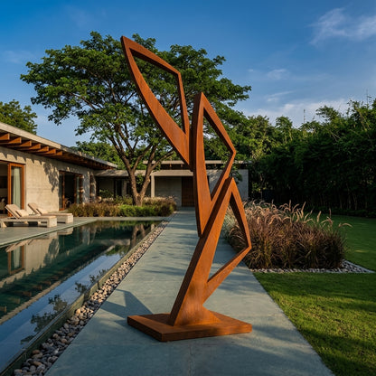 Rust-colored metal sculpture in a garden setting with a pool and trees in the background