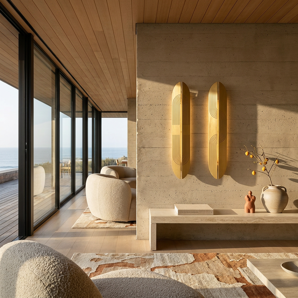 Modern interior with large windows, neutral furniture, and decorative elements.