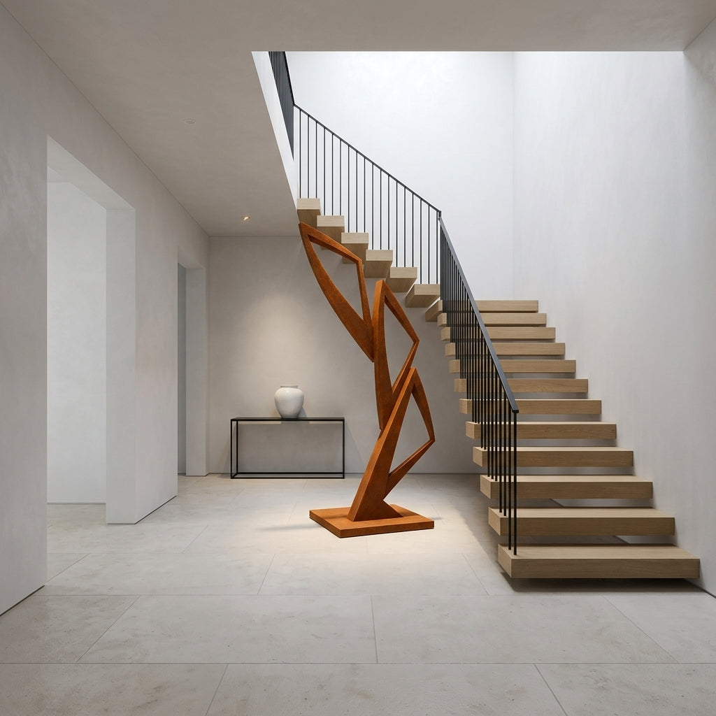 Modern staircase with wooden sculpture in a minimalistic interior