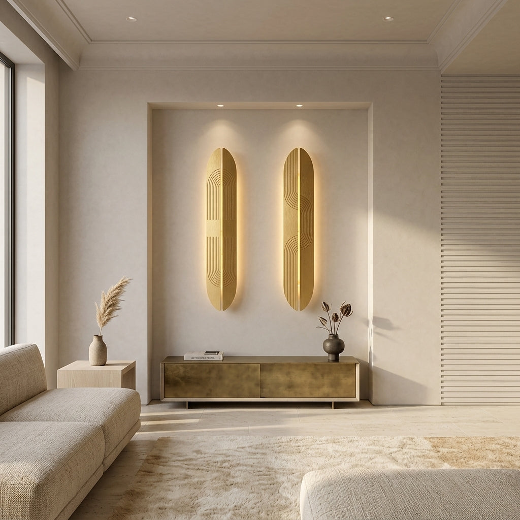 Modern living room with beige sofa, decorative vases, and wall lights.