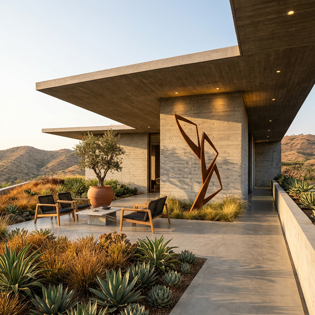 Modern house exterior with outdoor seating area and mountain view
