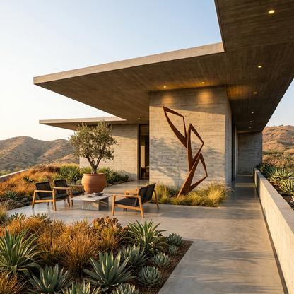 Modern house exterior with outdoor seating area and mountain view