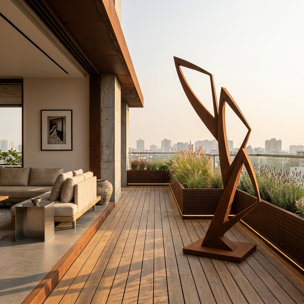 Modern outdoor living space with a wooden sculpture on a deck, city skyline in the background.