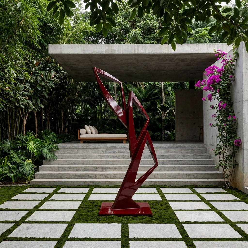 Red abstract sculpture in a garden setting with steps and greenery