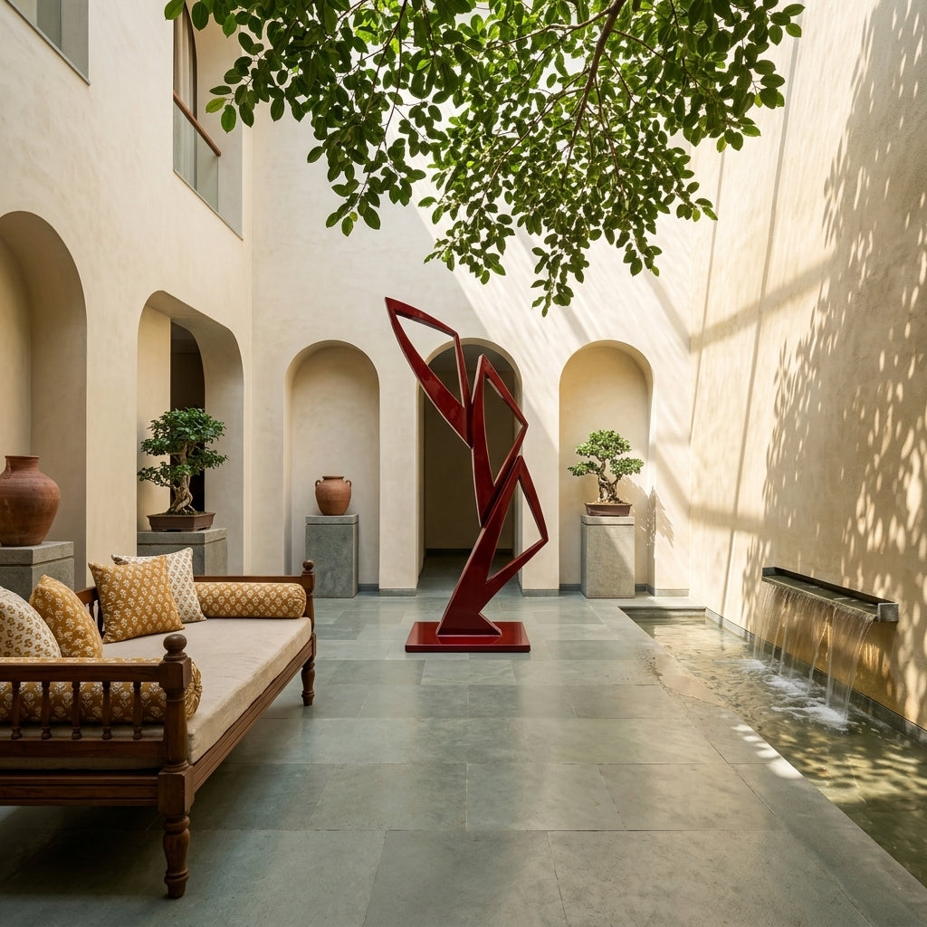 Red abstract sculpture in a courtyard with a water feature and seating area.