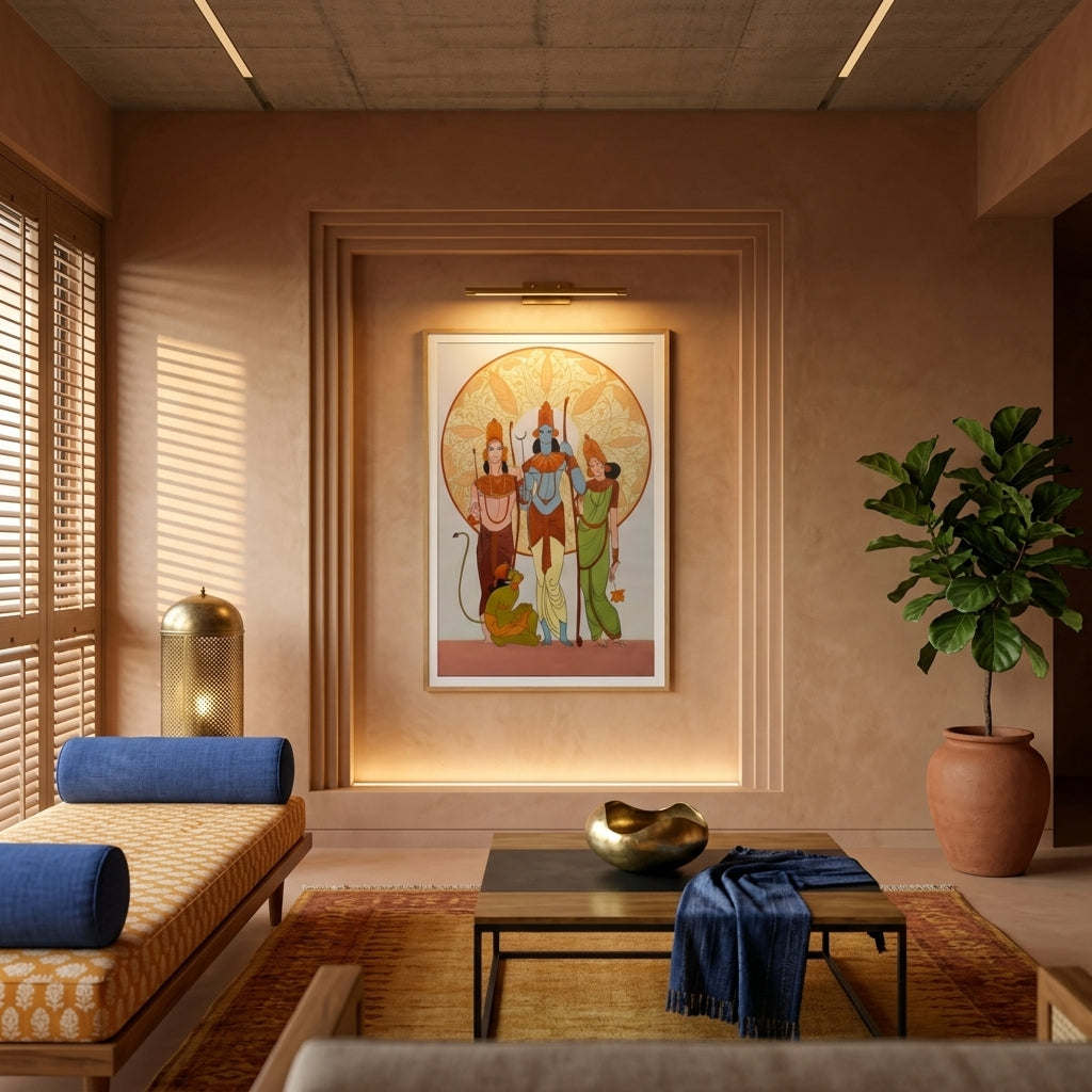 Living room with a painting on the wall, a table with decorative items, and a plant.