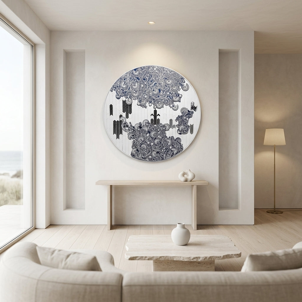 Modern living room with a large circular mirror on the wall, a sofa, and a lamp.