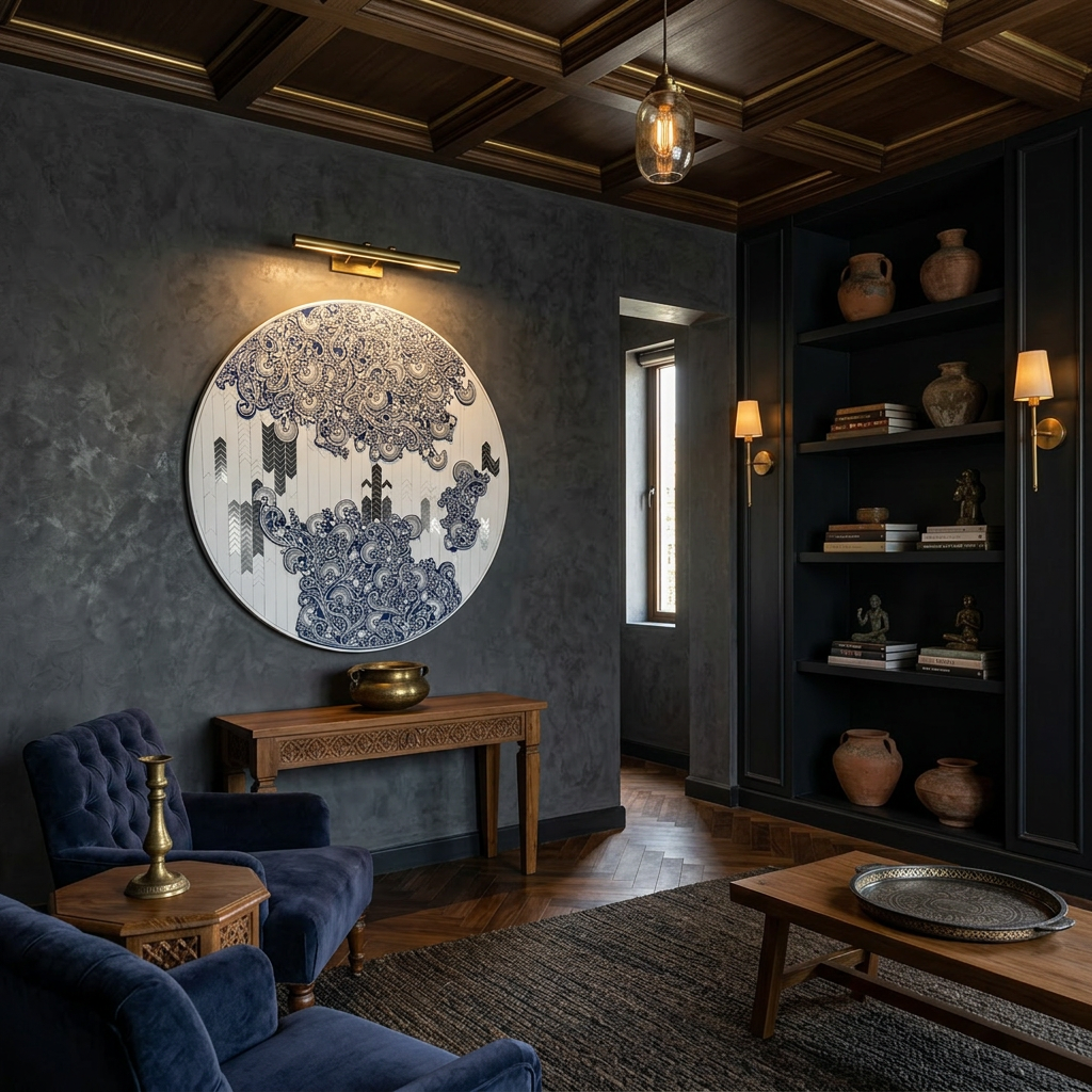 Living room with dark walls, blue sofa, and decorative wall art.