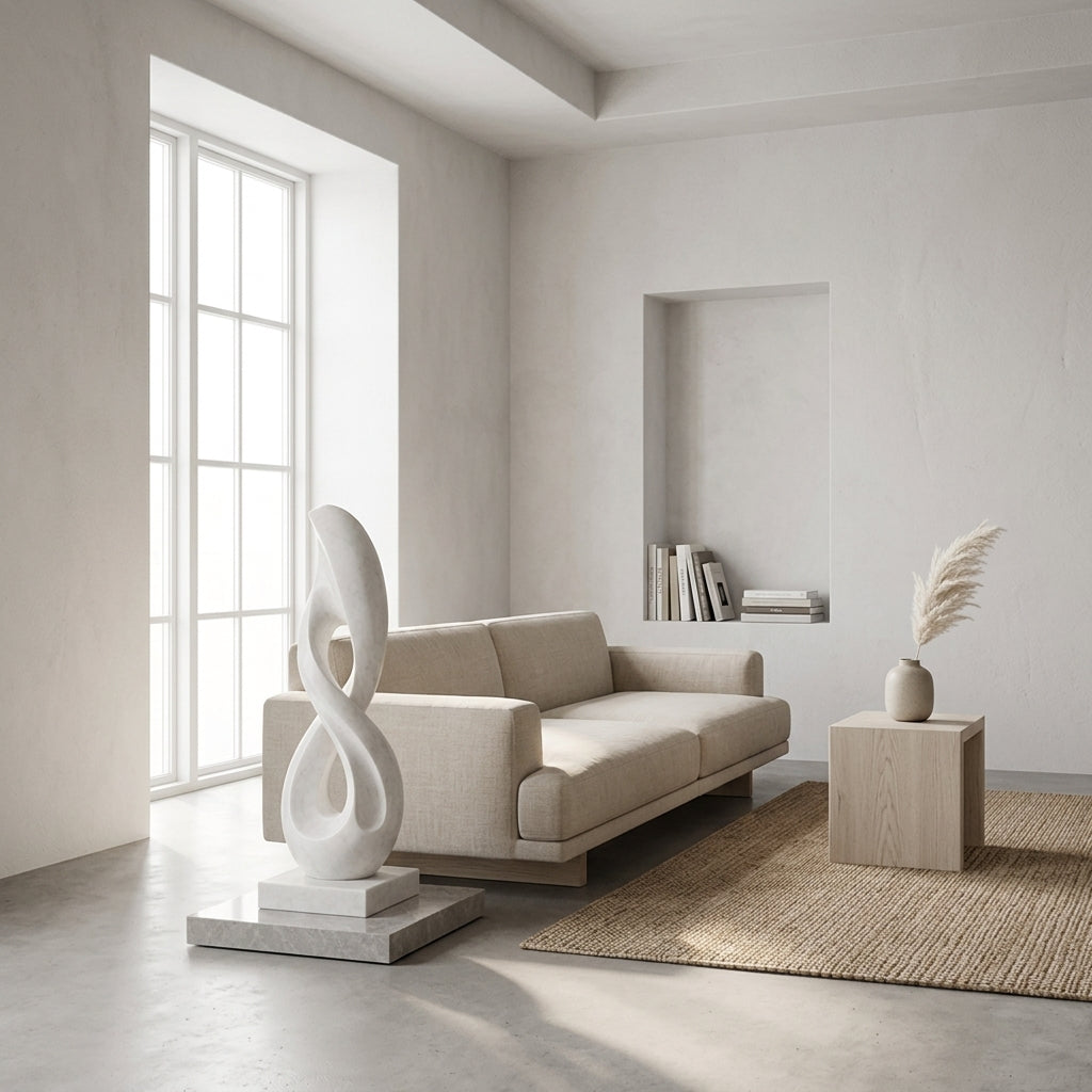 Modern living room with a beige sofa, abstract sculpture, and decorative items.