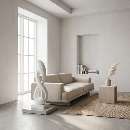 Modern living room with a beige sofa, abstract sculpture, and decorative items.