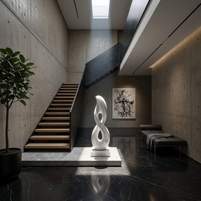 Modern interior with a white sculpture, staircase, and potted plant.