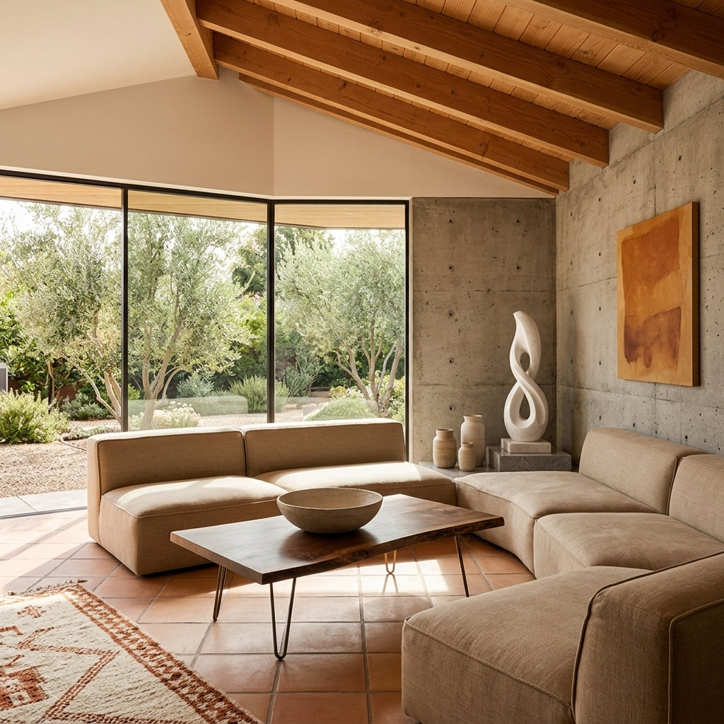Modern living room with beige sectional sofa, wooden coffee table, and large windows.