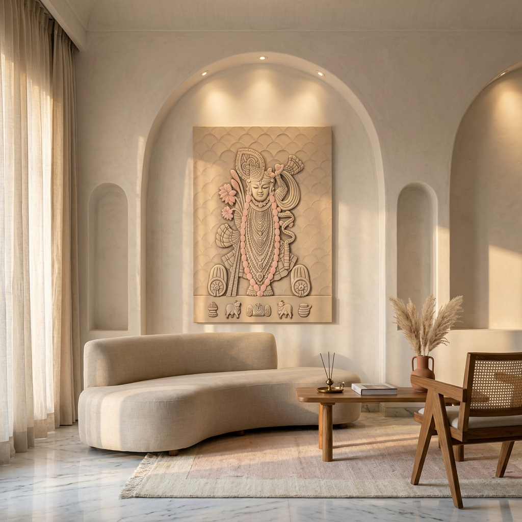 Modern living room with a decorative Srinathji wall art and furniture.