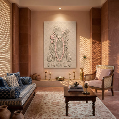 Decorative living room with Srinathji wall art, furniture, and decor items.