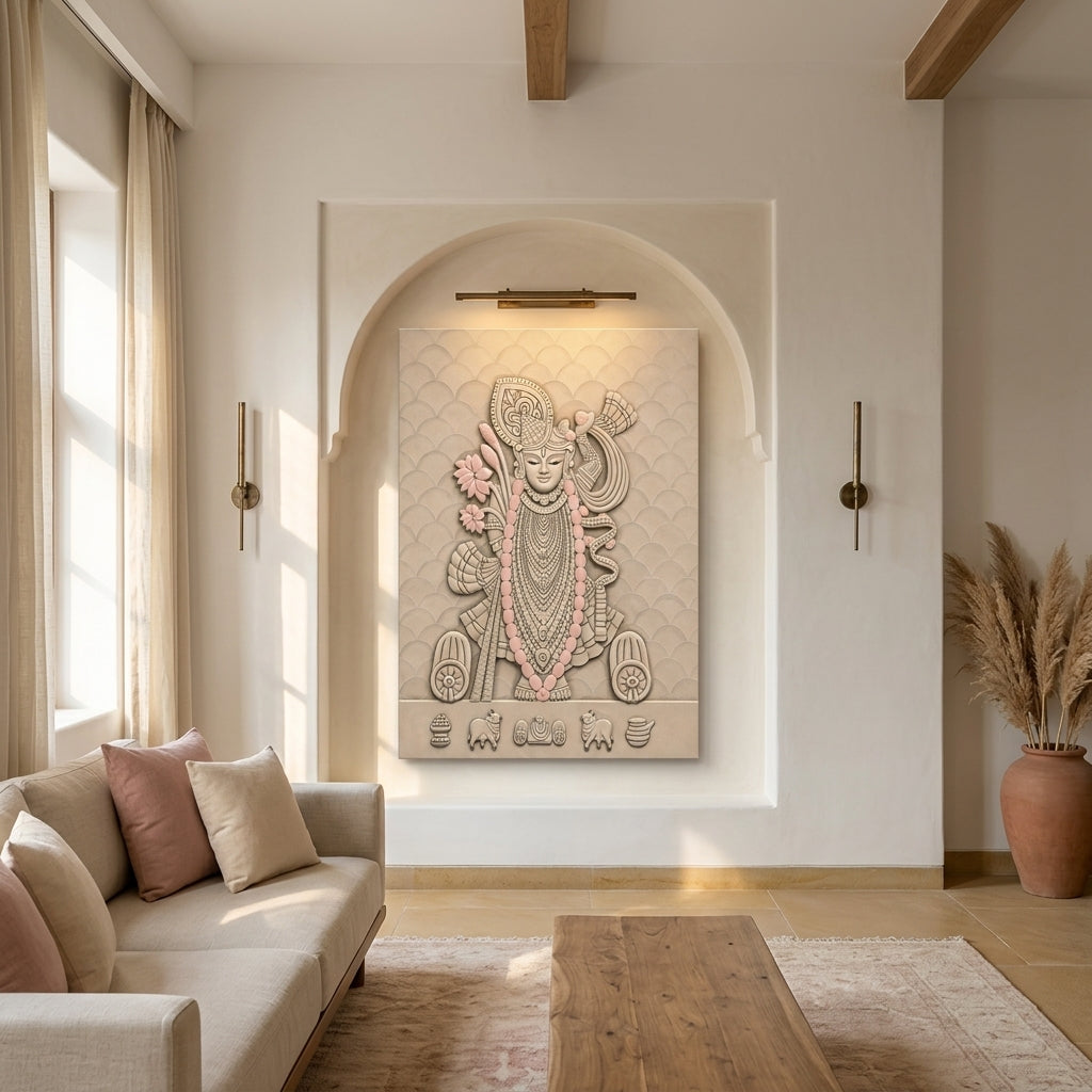 Living room with a decorative Srinathji wall art piece featuring a figure.