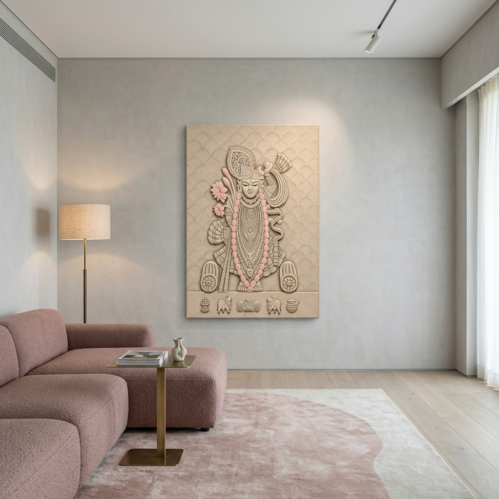 Modern living room with a decorative Srinathji wall art piece on a gray wall.