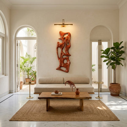 Modern living room with a wooden coffee table, beige sofa, and decorative wall art.