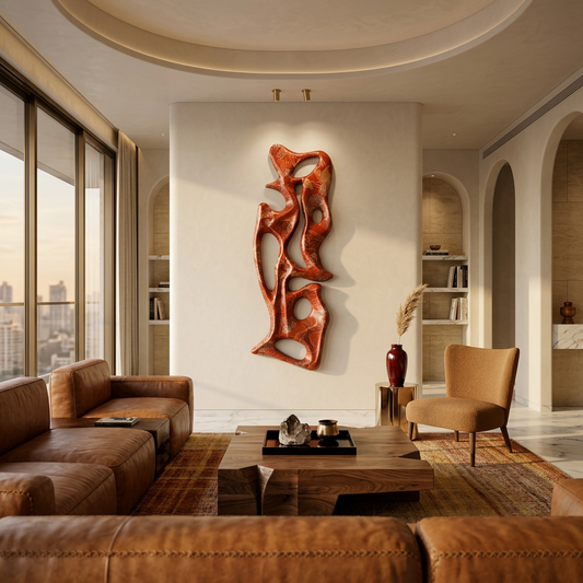Modern living room with brown leather sofa, wooden coffee table, and decorative wall art.