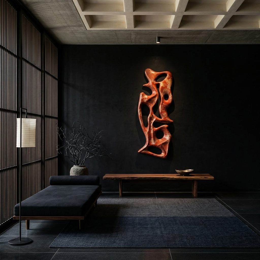 Modern interior with a dark wall, black sofa, and abstract orange sculpture.