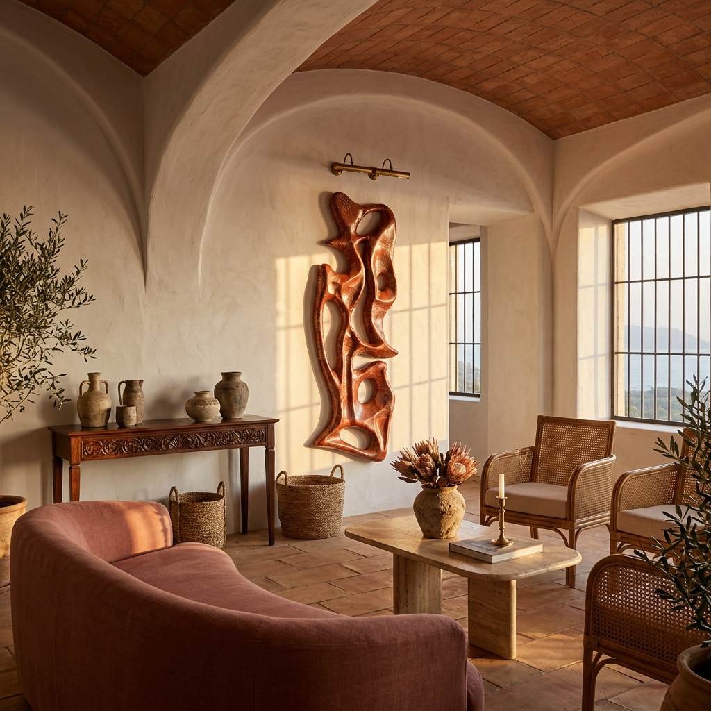 Living room with rustic decor, including a sculpture on the wall and wicker furniture.