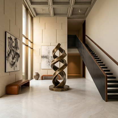 Modern interior with a spiral sculpture, bench, and abstract art on a wall.