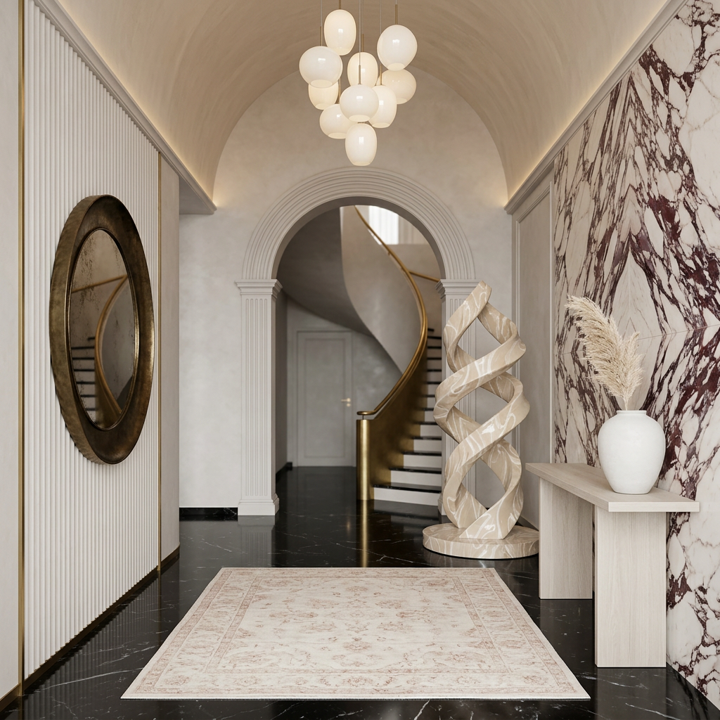 Luxurious interior with marble walls, a spiral staircase, and decorative elements.