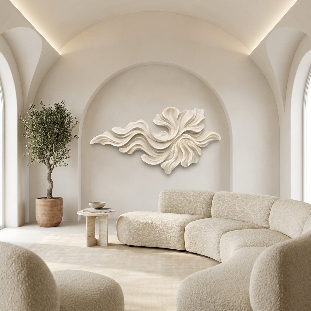 Modern living room with a decorative wall piece, sofa, and potted plant.