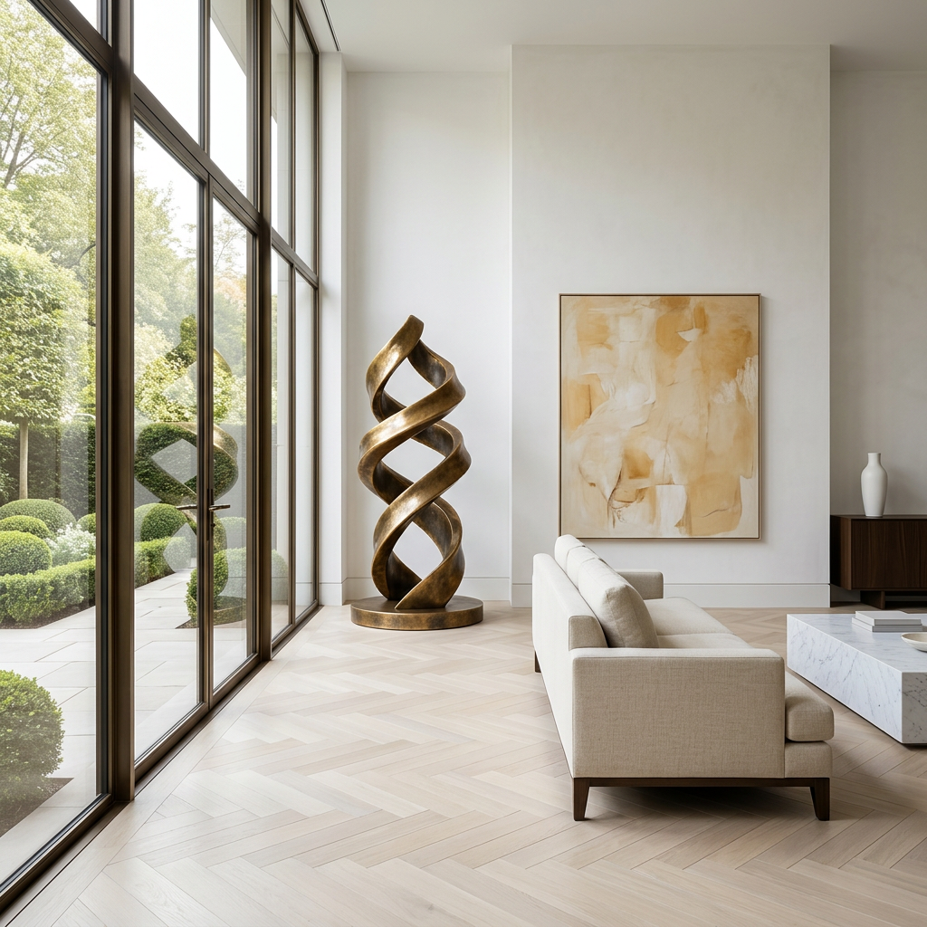 Modern living room with a spiral sculpture, beige sofa, and abstract painting.