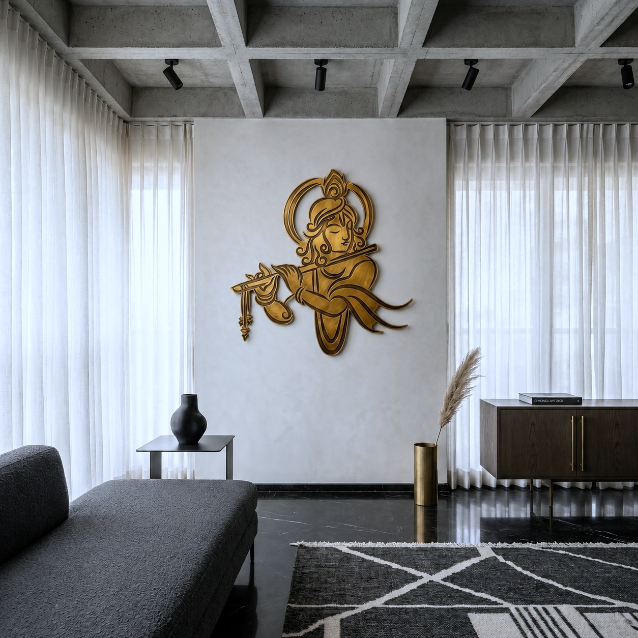 Modern living room with a gold wall sculpture, gray sofa, and decorative rug.