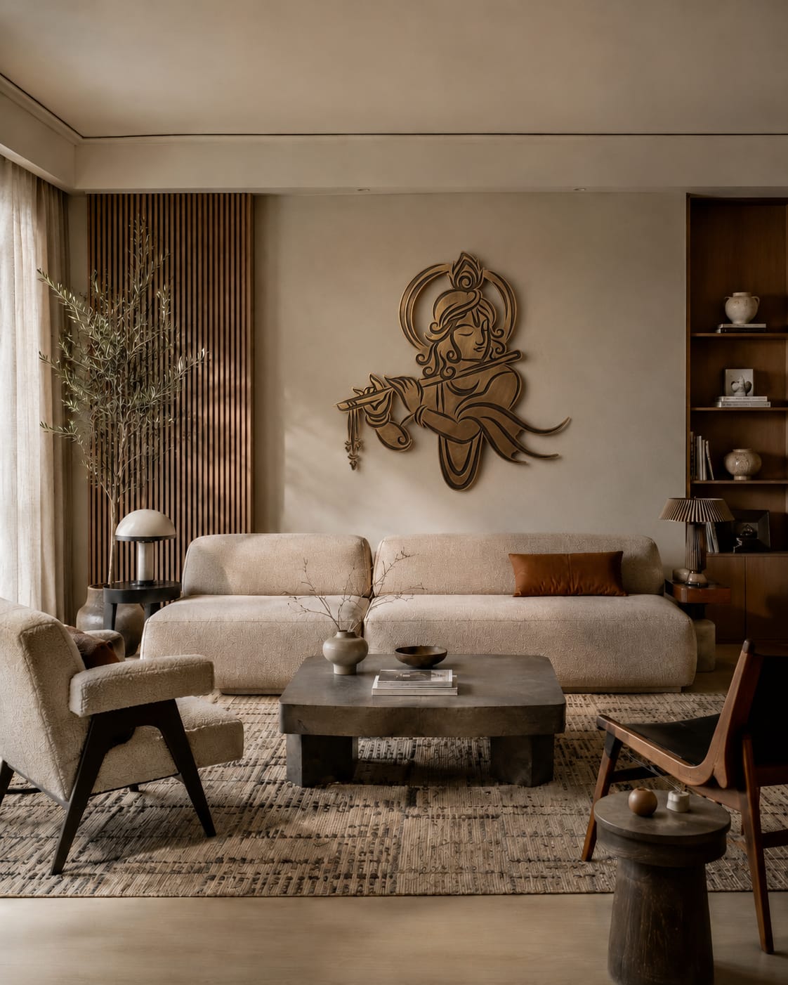 Modern living room with beige sofa, wooden coffee table, and decorative wall art.