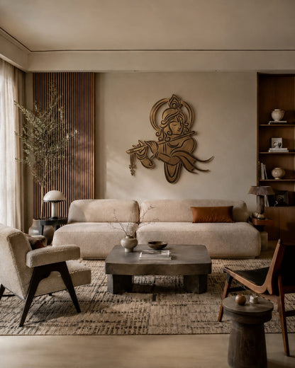 Modern living room with beige sofa, wooden coffee table, and decorative wall art.